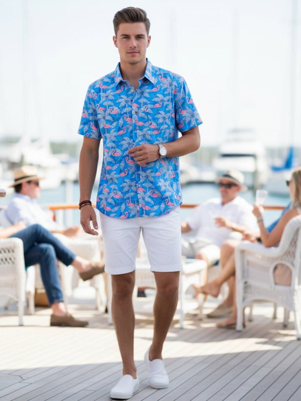 Projek Raw Flamingo Shirt Men's Blue Tropical Button Up Short Sleeve